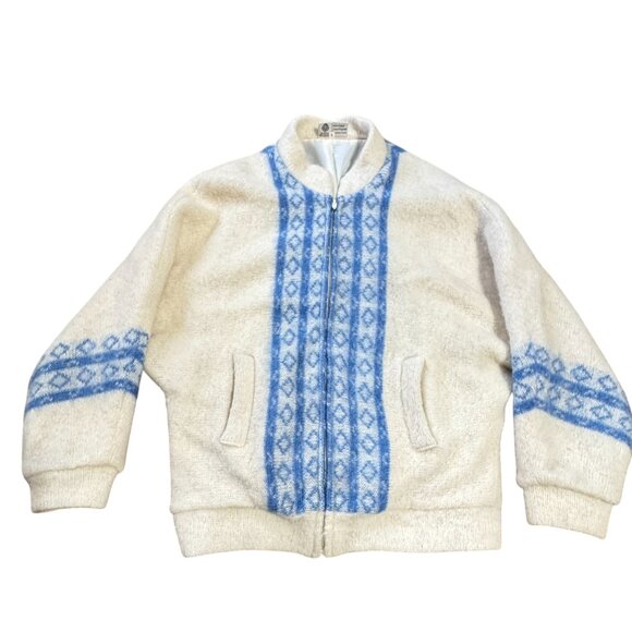 ICELANDIC PURE WOOL SWEATER SZ L WHITE BLUE 100% NEW WOOL FULL ZIP ICELAND MADE - Picture 1 of 7